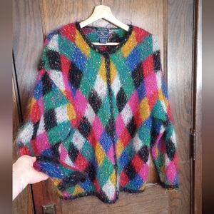 Vtg. Wool Mohair Harlequin Argyle Knit Cardigan | Chelsea Campell Charter Club